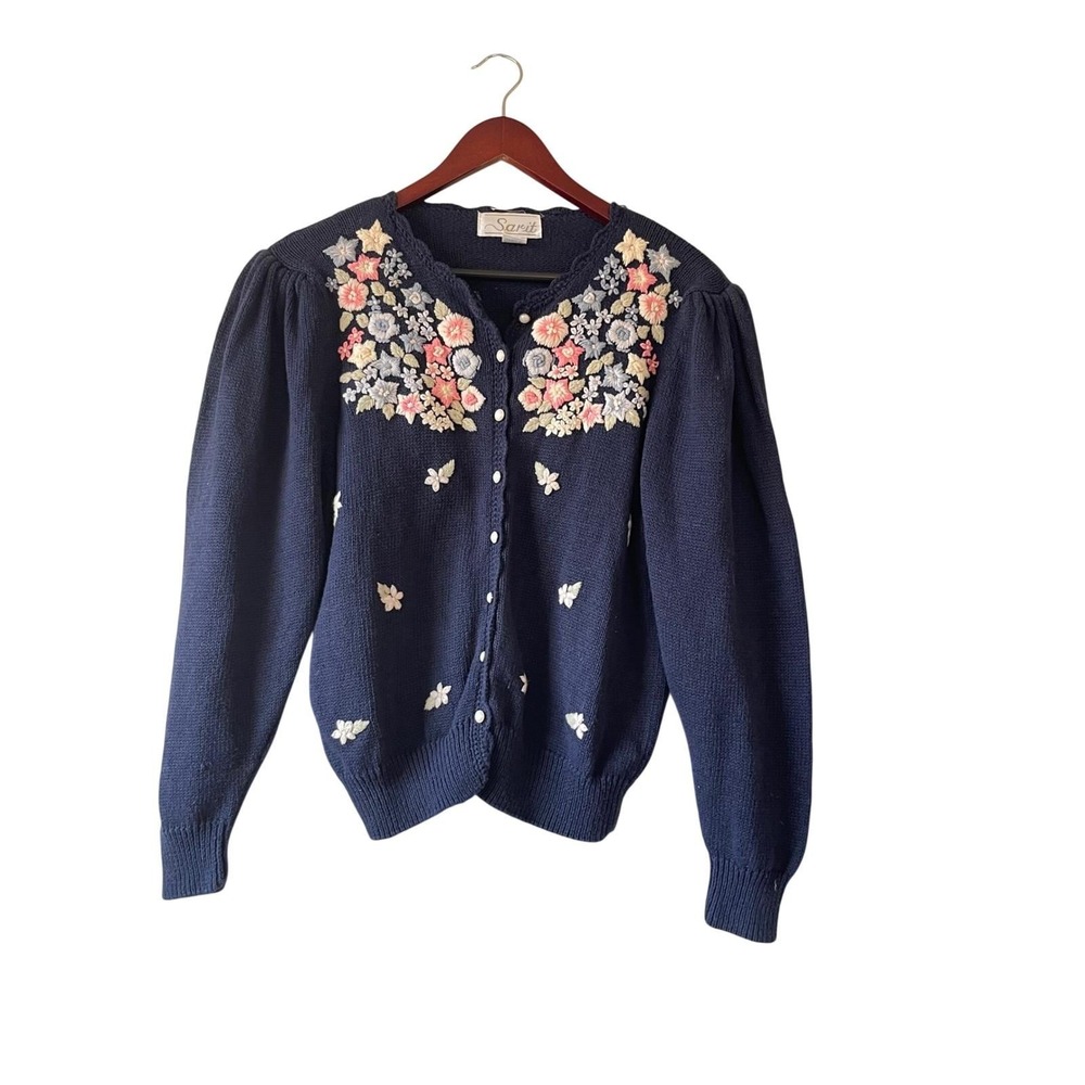 Vintage Navy Floral Embroidered Cardigan Puff Sleeve Ramie Cotton Medium‎